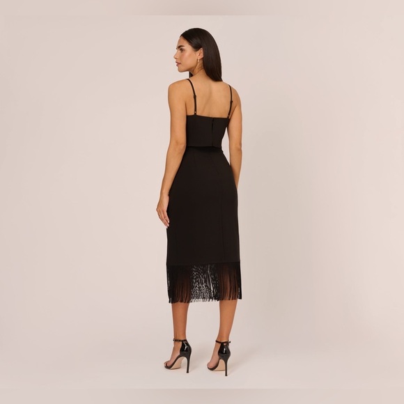 Aidan Adrianna Papell Crepe Popover Midi Black Fringe Hem Sheath Dress 2 LBD NWT - Picture 2 of 16